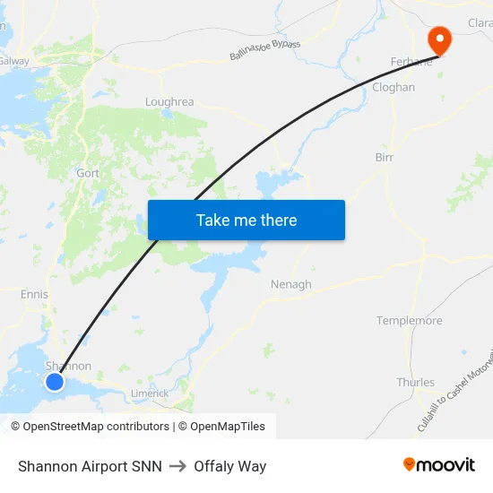 Shannon Airport SNN to Offaly Way map