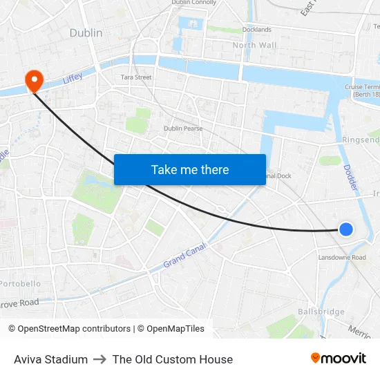 Aviva Stadium to The Old Custom House map