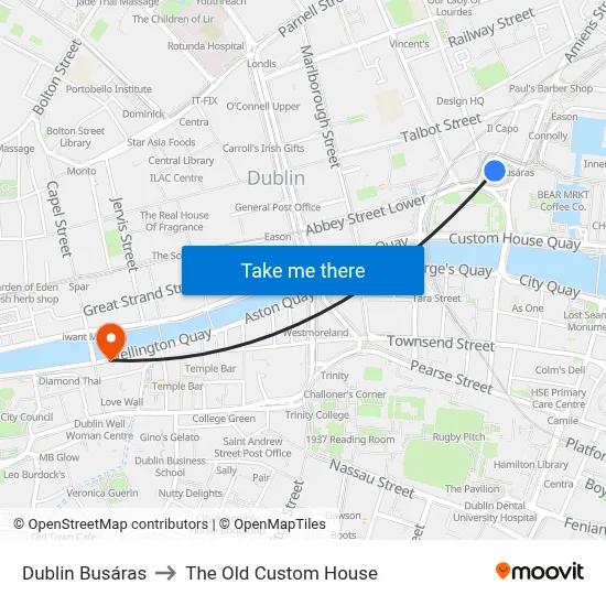 Dublin Busáras to The Old Custom House map