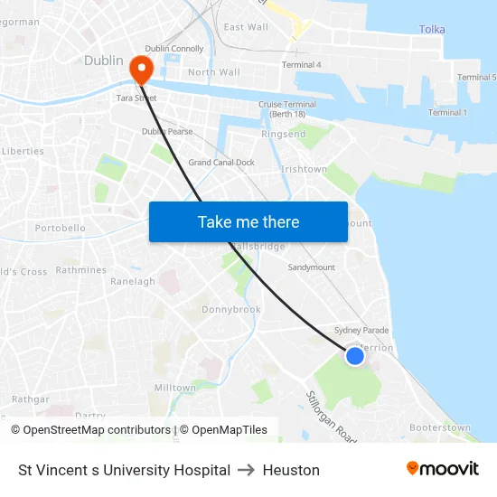 St Vincent s University Hospital to Heuston map