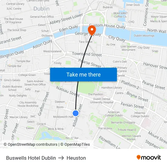 Buswells Hotel Dublin to Heuston map