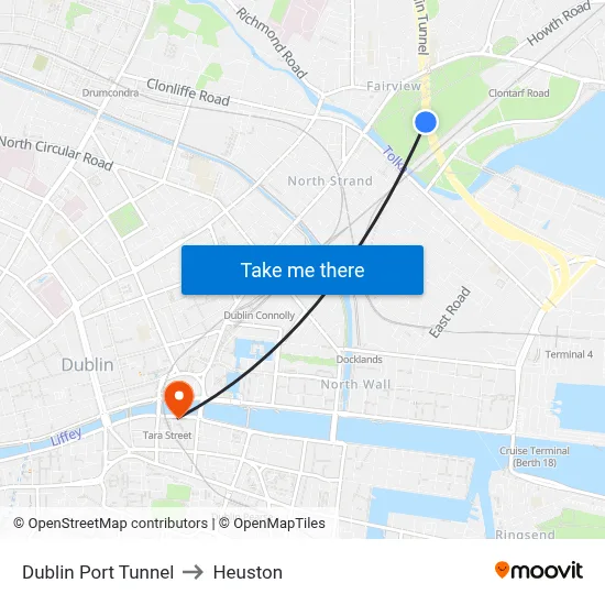 Dublin Port Tunnel to Heuston map