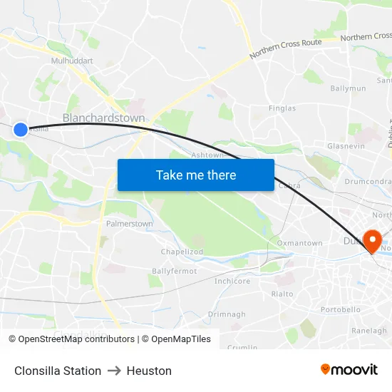 Clonsilla Station to Heuston map