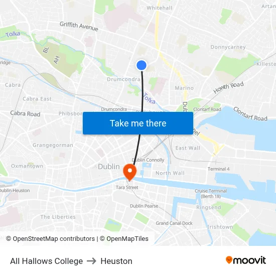 All Hallows College to Heuston map