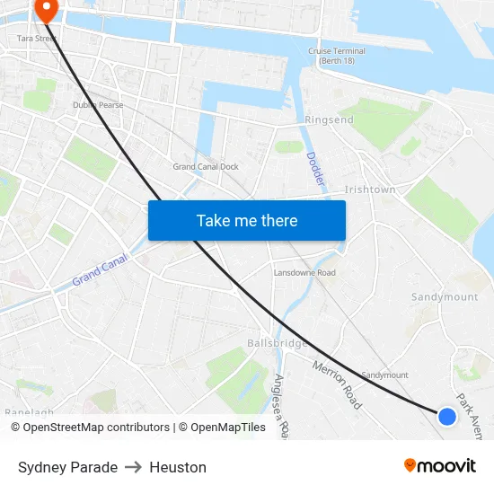 Sydney Parade to Heuston map