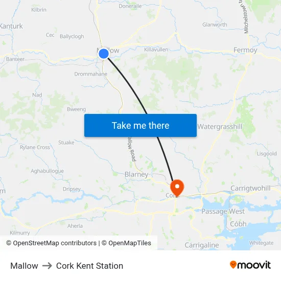 Mallow to Cork Kent Station map