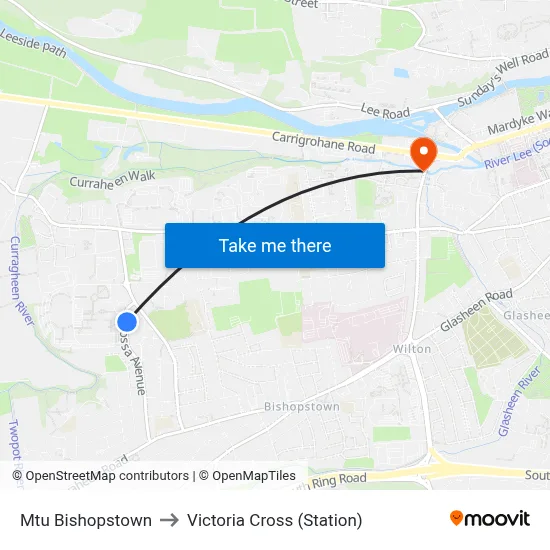 Mtu Bishopstown to Victoria Cross (Station) map