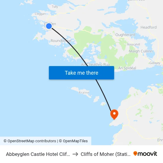 Abbeyglen Castle Hotel Clifden to Cliffs of Moher (Station) map