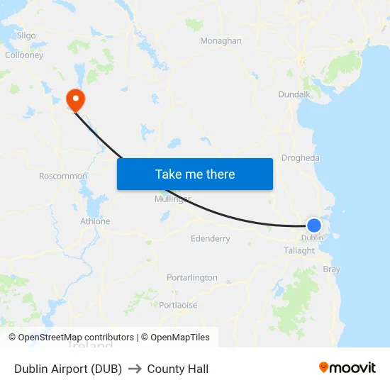 Dublin Airport (DUB) to County Hall map