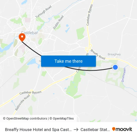 Breaffy House Hotel and Spa Castlebar to Castlebar Station map