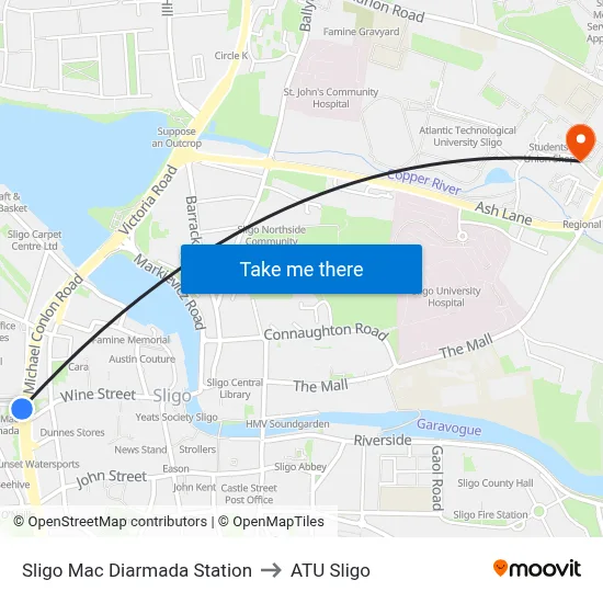 Sligo Mac Diarmada Station to ATU Sligo map