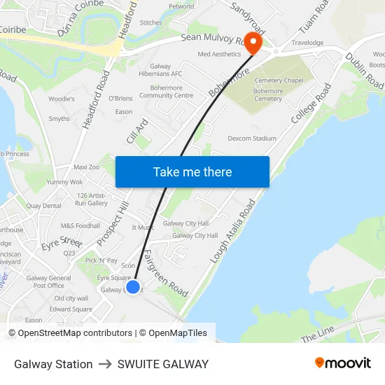 Galway Station to SWUITE GALWAY map