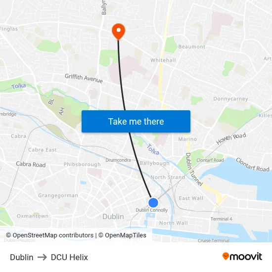 Dublin to DCU Helix map