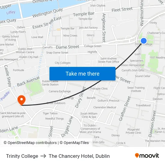 Trinity College to The Chancery Hotel, Dublin map