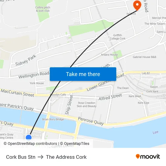 Cork Bus Stn to The Address Cork map