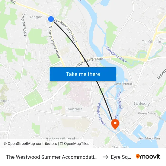 The Westwood Summer Accommodation, Galway to Eyre Square map