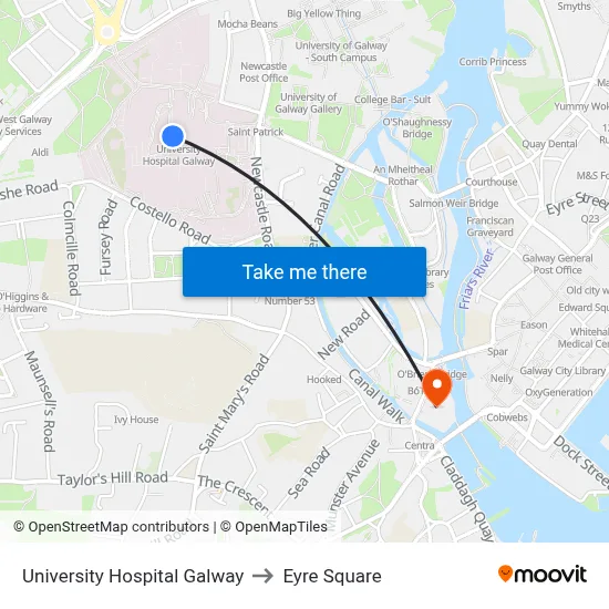 University Hospital Galway to Eyre Square map