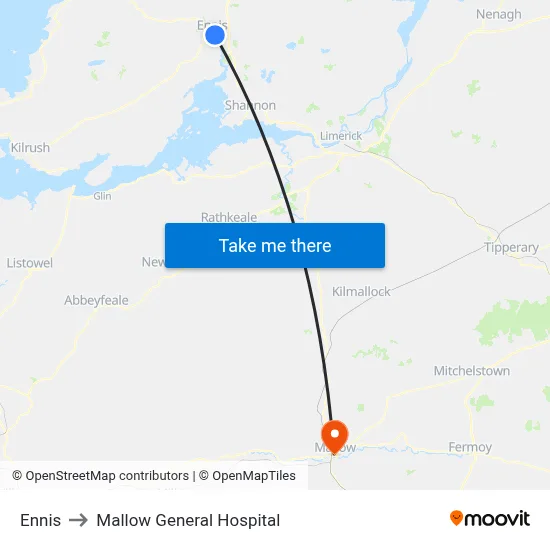 Ennis to Mallow General Hospital map
