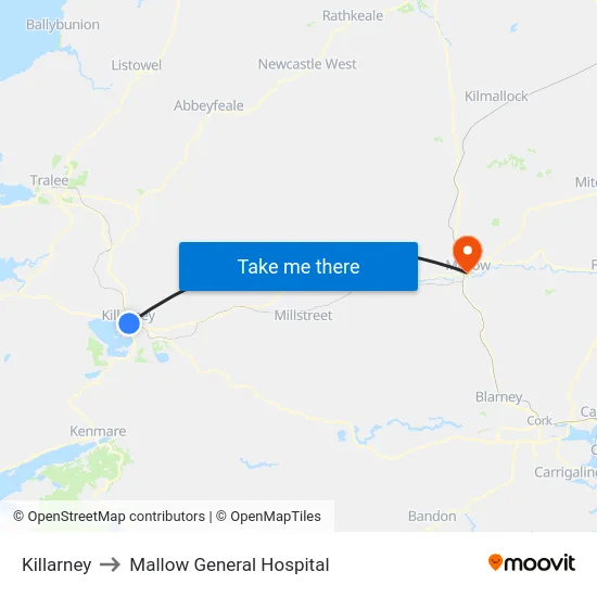 Killarney to Mallow General Hospital map