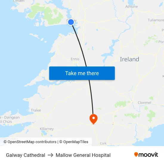 Galway Cathedral to Mallow General Hospital map