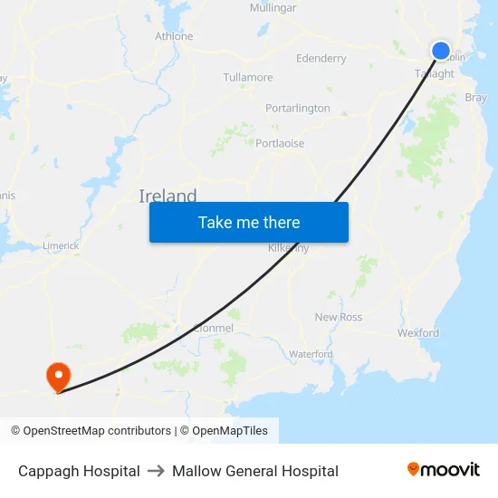 Cappagh Hospital to Mallow General Hospital map