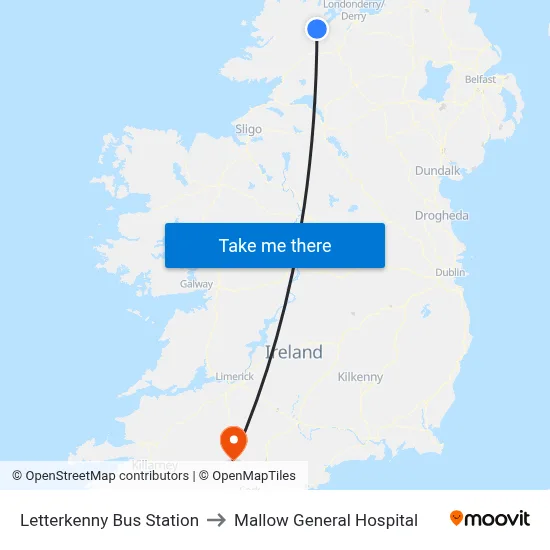 Letterkenny Bus Station to Mallow General Hospital map