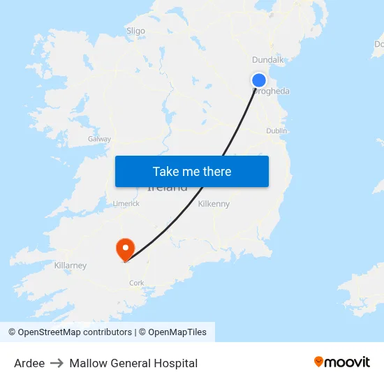 Ardee to Mallow General Hospital map