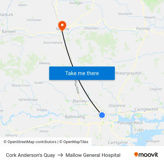 Cork Anderson's Quay to Mallow General Hospital map