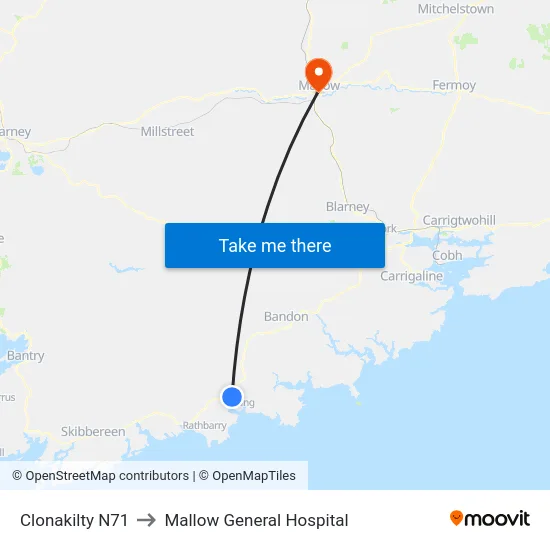 Clonakilty N71 to Mallow General Hospital map