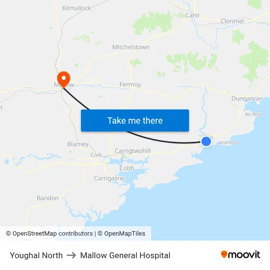 Youghal North to Mallow General Hospital map