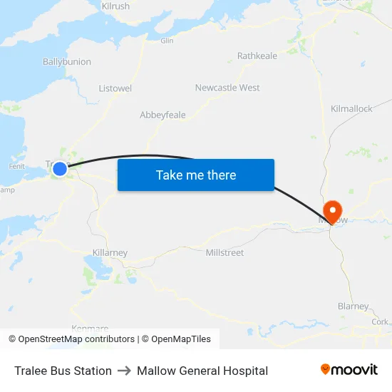 Tralee Bus Station to Mallow General Hospital map