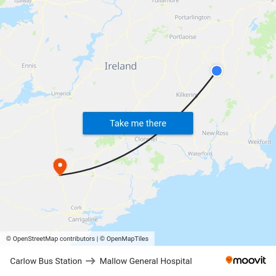 Carlow Bus Station to Mallow General Hospital map