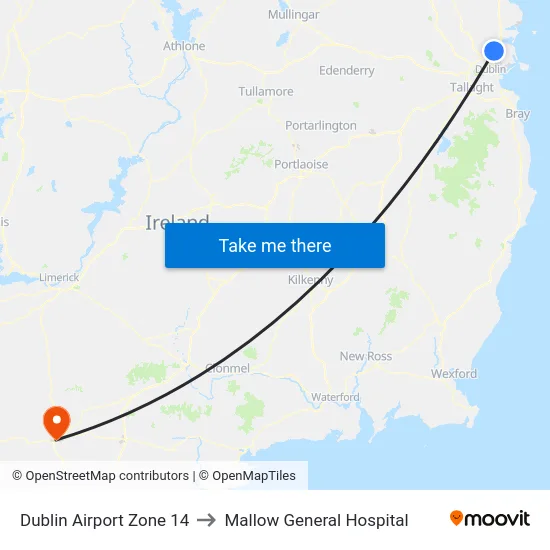 Dublin Airport Zone 14 to Mallow General Hospital map