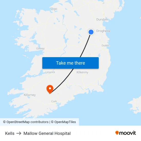 Kells to Mallow General Hospital map