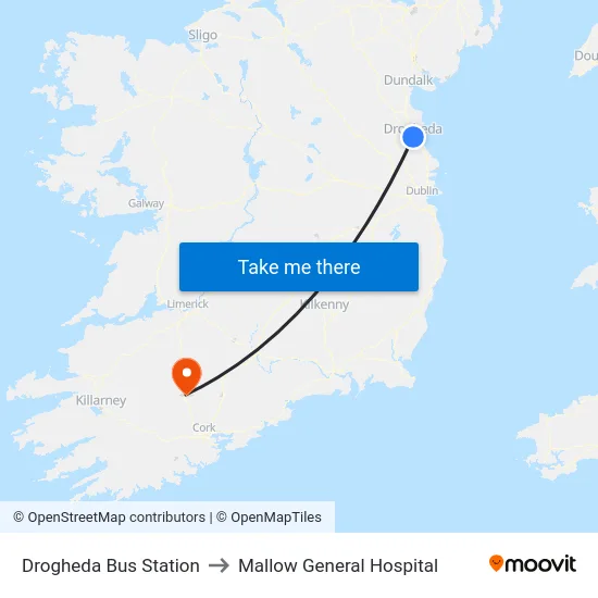 Drogheda Bus Station to Mallow General Hospital map