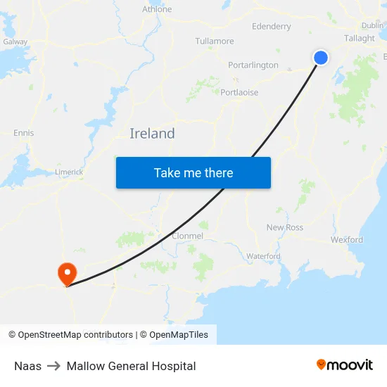 Naas to Mallow General Hospital map