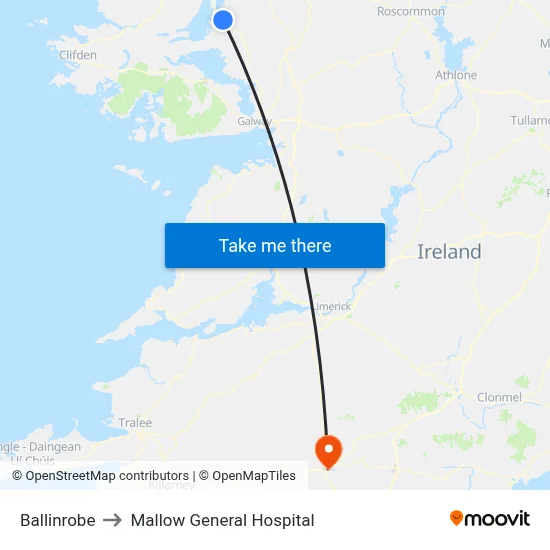Ballinrobe to Mallow General Hospital map