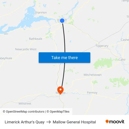 Limerick Arthur's Quay to Mallow General Hospital map