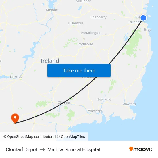 Clontarf Depot to Mallow General Hospital map