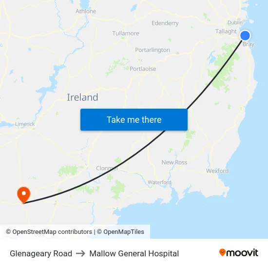 Glenageary Road to Mallow General Hospital map