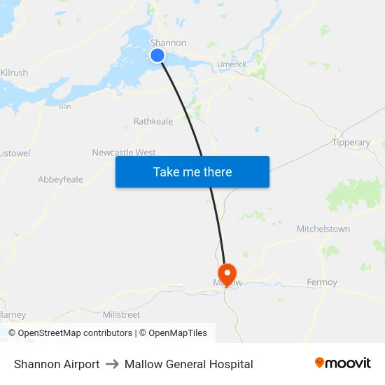 Shannon Airport to Mallow General Hospital map