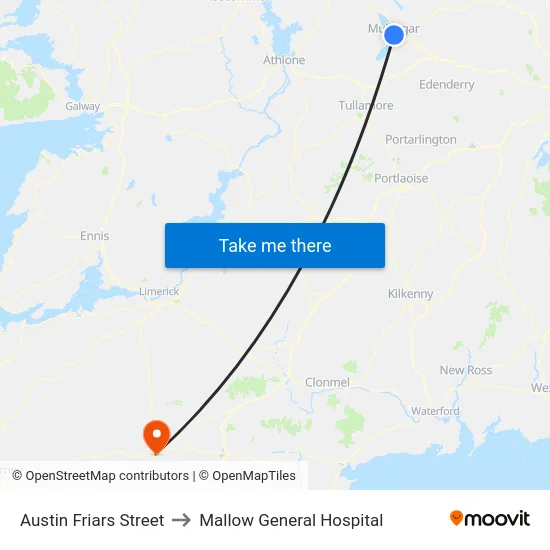 Austin Friars Street to Mallow General Hospital map