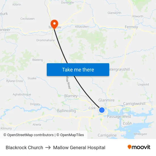 Blackrock Church to Mallow General Hospital map