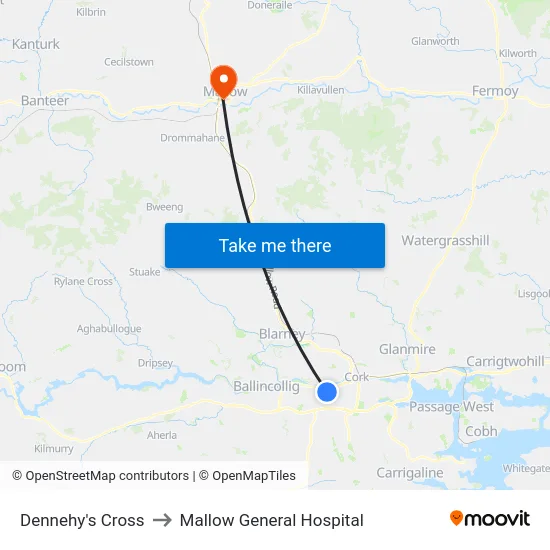 Dennehy's Cross to Mallow General Hospital map