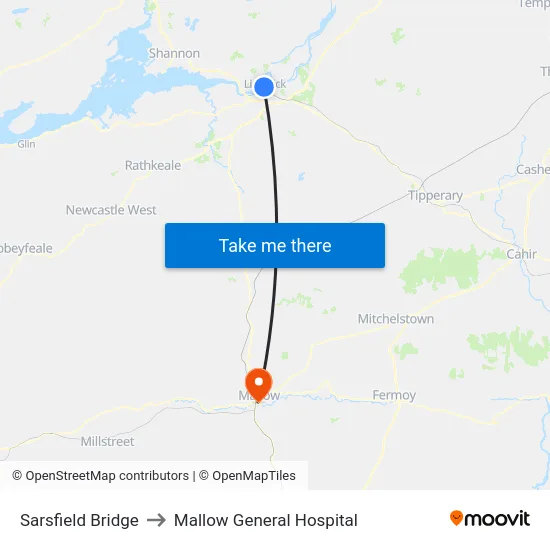 Sarsfield Bridge to Mallow General Hospital map