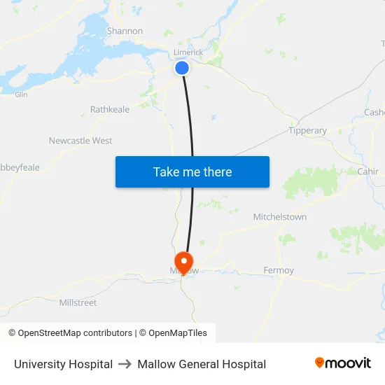 University Hospital to Mallow General Hospital map