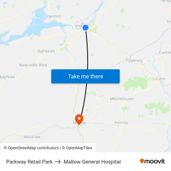 Parkway Retail Park to Mallow General Hospital map