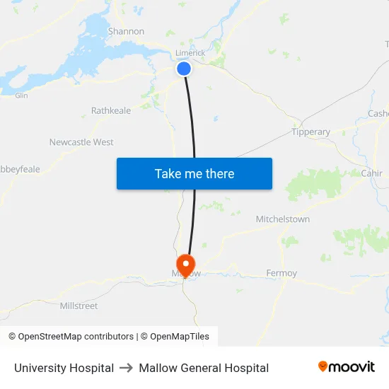 University Hospital to Mallow General Hospital map