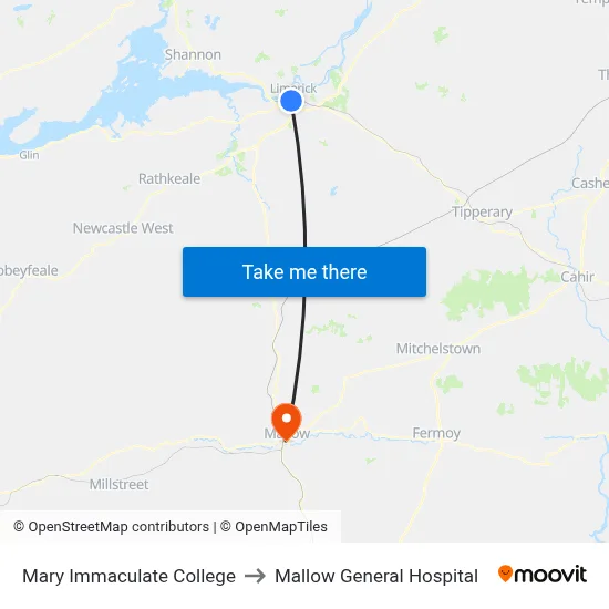 Mary Immaculate College to Mallow General Hospital map