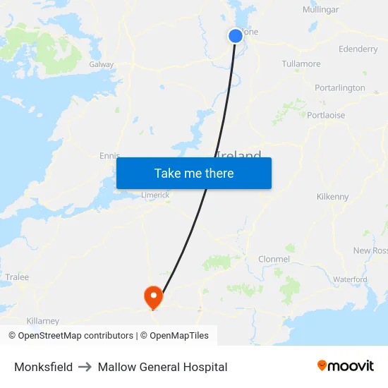 Monksfield to Mallow General Hospital map